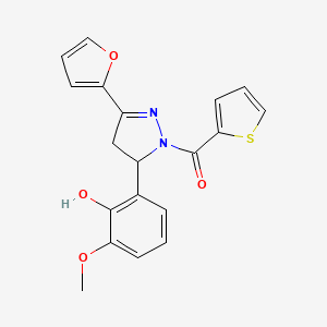 molecular formula C19H16N2O4S B2542280 (3-(furan-2-yl)-5-(2-hydroxy-3-methoxyphenyl)-4,5-dihydro-1H-pyrazol-1-yl)(thiophen-2-yl)methanone CAS No. 923690-08-8
