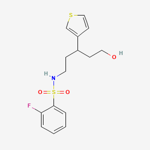 molecular formula C15H18FNO3S2 B2542299 2-fluoro-N-(5-hydroxy-3-(thiophen-3-yl)pentyl)benzenesulfonamide CAS No. 2034541-26-7