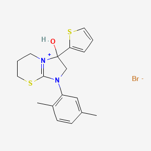 molecular formula C18H21BrN2OS2 B2542395 1-(2,5-dimethylphenyl)-3-hydroxy-3-(thiophen-2-yl)-3,5,6,7-tetrahydro-2H-imidazo[2,1-b][1,3]thiazin-1-ium bromide CAS No. 1104733-75-6