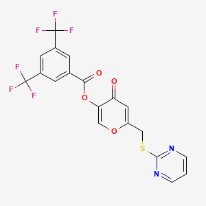 molecular formula C19H10F6N2O4S B2542402 4-oxo-6-((pyrimidin-2-ylthio)methyl)-4H-pyran-3-yl 3,5-bis(trifluoromethyl)benzoate CAS No. 877636-69-6