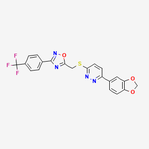 molecular formula C21H13F3N4O3S B2542403 3-(1,3-Benzodioxol-5-yl)-6-[({3-[4-(trifluoromethyl)phenyl]-1,2,4-oxadiazol-5-yl}methyl)sulfanyl]pyridazine CAS No. 1114914-92-9