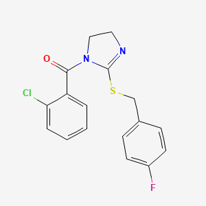 molecular formula C17H14ClFN2OS B2542579 (2-Chlorophenyl)-[2-[(4-fluorophenyl)methylsulfanyl]-4,5-dihydroimidazol-1-yl]methanone CAS No. 851865-81-1