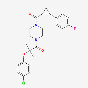 molecular formula C24H26ClFN2O3 B2542810 2-(4-氯苯氧基)-1-(4-(2-(4-氟苯基)环丙烷羰基)哌嗪-1-基)-2-甲基丙烷-1-酮 CAS No. 1211627-16-5