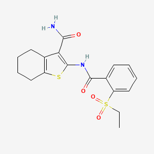molecular formula C18H20N2O4S2 B2542926 2-(2-(Ethylsulfonyl)benzamido)-4,5,6,7-tetrahydrobenzo[b]thiophene-3-carboxamide CAS No. 886922-14-1