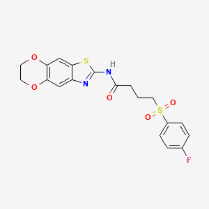 molecular formula C19H17FN2O5S2 B2542999 N-(6,7-dihydro-[1,4]dioxino[2',3':4,5]benzo[1,2-d]thiazol-2-yl)-4-((4-fluorophenyl)sulfonyl)butanamide CAS No. 941907-42-2