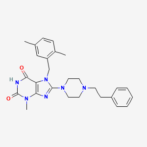 molecular formula C27H32N6O2 B2543035 7-(2,5-dimethylbenzyl)-3-methyl-8-(4-phenethylpiperazin-1-yl)-1H-purine-2,6(3H,7H)-dione CAS No. 898463-71-3