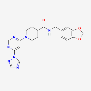 molecular formula C20H21N7O3 B2543140 1-(6-(1H-1,2,4-triazol-1-yl)pyrimidin-4-yl)-N-(benzo[d][1,3]dioxol-5-ylmethyl)piperidine-4-carboxamide CAS No. 1797727-78-6