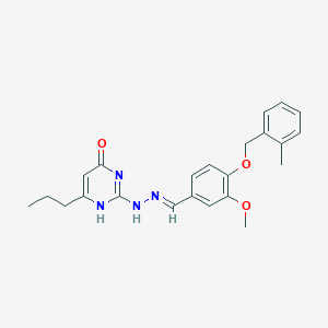 molecular formula C23H26N4O3 B254316 2-[(2E)-2-[[3-methoxy-4-[(2-methylphenyl)methoxy]phenyl]methylidene]hydrazinyl]-6-propyl-1H-pyrimidin-4-one 