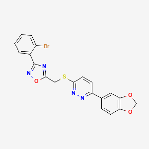 molecular formula C20H13BrN4O3S B2543225 3-(1,3-Benzodioxol-5-yl)-6-({[3-(2-bromophenyl)-1,2,4-oxadiazol-5-yl]methyl}sulfanyl)pyridazine CAS No. 1111316-52-9