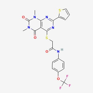 molecular formula C21H16F3N5O4S2 B2543283 2-((6,8-dimethyl-5,7-dioxo-2-(thiophen-2-yl)-5,6,7,8-tetrahydropyrimido[4,5-d]pyrimidin-4-yl)thio)-N-(4-(trifluoromethoxy)phenyl)acetamide CAS No. 847191-88-2