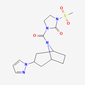 molecular formula C15H21N5O4S B2543289 1-((1R,5S)-3-(1H-pyrazol-1-yl)-8-azabicyclo[3.2.1]octane-8-carbonyl)-3-(methylsulfonyl)imidazolidin-2-one CAS No. 2319640-25-8