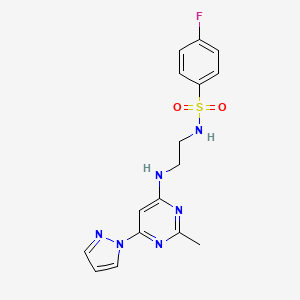 molecular formula C16H17FN6O2S B2543314 4-fluoro-N-(2-((2-methyl-6-(1H-pyrazol-1-yl)pyrimidin-4-yl)amino)ethyl)benzenesulfonamide CAS No. 1171464-60-0