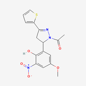 1-(5-(2-hydroxy-5-methoxy-3-nitrophenyl)-3-(thiophen-2-yl)-4,5-dihydro-1H-pyrazol-1-yl)ethanone
