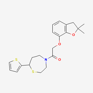 molecular formula C21H25NO3S2 B2543367 2-((2,2-Dimethyl-2,3-dihydrobenzofuran-7-yl)oxy)-1-(7-(thiophen-2-yl)-1,4-thiazepan-4-yl)ethanone CAS No. 1705518-27-9