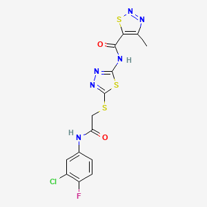 molecular formula C14H10ClFN6O2S3 B2543379 N-(5-((2-((3-chloro-4-fluorophenyl)amino)-2-oxoethyl)thio)-1,3,4-thiadiazol-2-yl)-4-methyl-1,2,3-thiadiazole-5-carboxamide CAS No. 1226458-09-8