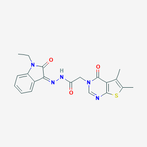 molecular formula C20H19N5O3S B254341 2-(5,6-dimethyl-4-oxothieno[2,3-d]pyrimidin-3-yl)-N-[(Z)-(1-ethyl-2-oxoindol-3-ylidene)amino]acetamide 