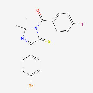 molecular formula C18H14BrFN2OS B2543410 (4-(4-bromophenyl)-2,2-dimethyl-5-thioxo-2,5-dihydro-1H-imidazol-1-yl)(4-fluorophenyl)methanone CAS No. 899932-96-8