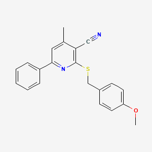 molecular formula C21H18N2OS B2543446 2-[(4-Methoxybenzyl)sulfanyl]-4-methyl-6-phenylnicotinonitrile CAS No. 341967-44-0