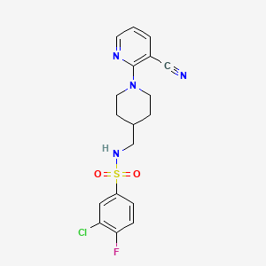 molecular formula C18H18ClFN4O2S B2543647 3-chloro-N-((1-(3-cyanopyridin-2-yl)piperidin-4-yl)methyl)-4-fluorobenzenesulfonamide CAS No. 1797852-19-7