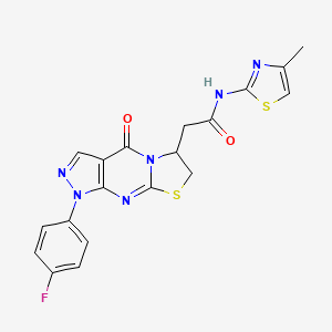 molecular formula C19H15FN6O2S2 B2543673 2-[6-(4-Fluorophenyl)-2-oxo-10-thia-1,5,6,8-tetrazatricyclo[7.3.0.03,7]dodeca-3(7),4,8-trien-12-yl]-N-(4-methyl-1,3-thiazol-2-yl)acetamide CAS No. 941889-83-4