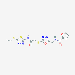molecular formula C14H14N6O4S3 B2543686 N-[[5-[2-[(5-ethylsulfanyl-1,3,4-thiadiazol-2-yl)amino]-2-oxoethyl]sulfanyl-1,3,4-oxadiazol-2-yl]methyl]furan-2-carboxamide CAS No. 851862-09-4