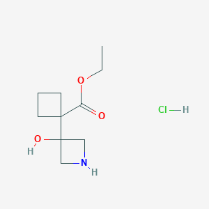 molecular formula C10H18ClNO3 B2543716 环丁烷-1-甲酸1-(3-羟基氮杂环丁-3-基)乙酯盐酸盐 CAS No. 2155855-37-9