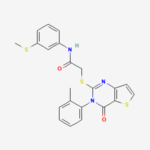 molecular formula C22H19N3O2S3 B2543769 2-{[3-(2-甲基苯基)-4-氧代-3,4-二氢噻吩并[3,2-d]嘧啶-2-基]硫代}-N-[3-(甲硫代)苯基]乙酰胺 CAS No. 1291857-10-7