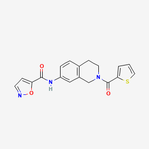 molecular formula C18H15N3O3S B2543830 N-(2-(thiophene-2-carbonyl)-1,2,3,4-tetrahydroisoquinolin-7-yl)isoxazole-5-carboxamide CAS No. 1210599-46-4