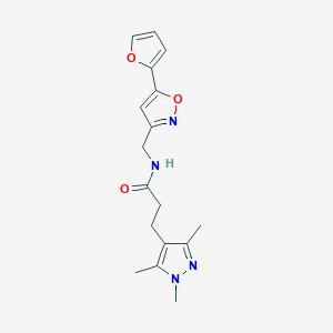 molecular formula C17H20N4O3 B2543836 N-((5-(furan-2-yl)isoxazol-3-yl)methyl)-3-(1,3,5-trimethyl-1H-pyrazol-4-yl)propanamide CAS No. 1251562-48-7