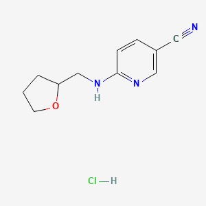 molecular formula C11H14ClN3O B2543883 6-(((Tetrahydrofuran-2-yl)methyl)amino)nicotinonitrile hydrochloride CAS No. 2034282-73-8