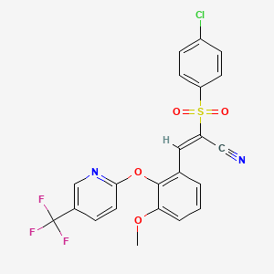 molecular formula C22H14ClF3N2O4S B2543911 (E)-2-(4-chlorophenyl)sulfonyl-3-[3-methoxy-2-[5-(trifluoromethyl)pyridin-2-yl]oxyphenyl]prop-2-enenitrile CAS No. 1025299-85-7