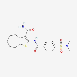molecular formula C19H23N3O4S2 B2543963 2-(4-(N,N-二甲基氨磺酰)苯甲酰胺)-5,6,7,8-四氢-4H-环庚并[b]噻吩-3-甲酰胺 CAS No. 477494-13-6