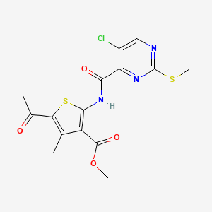 molecular formula C15H14ClN3O4S2 B2543986 Methyl 5-acetyl-2-({[5-chloro-2-(methylsulfanyl)pyrimidin-4-yl]carbonyl}amino)-4-methylthiophene-3-carboxylate CAS No. 879944-31-7