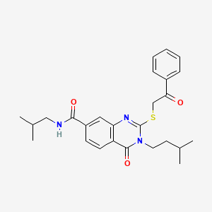 molecular formula C26H31N3O3S B2544013 N-isobutyl-3-isopentyl-4-oxo-2-((2-oxo-2-phenylethyl)thio)-3,4-dihydroquinazoline-7-carboxamide CAS No. 1113137-04-4