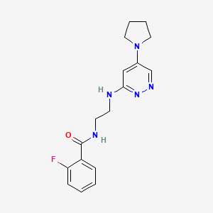 molecular formula C17H20FN5O B2544099 2-フルオロ-N-(2-((5-(ピロリジン-1-イル)ピリダジン-3-イル)アミノ)エチル)ベンズアミド CAS No. 1797292-31-9