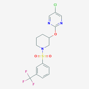 molecular formula C16H15ClF3N3O3S B2544134 5-Chloro-2-((1-((3-(trifluoromethyl)phenyl)sulfonyl)piperidin-3-yl)oxy)pyrimidine CAS No. 2034633-34-4