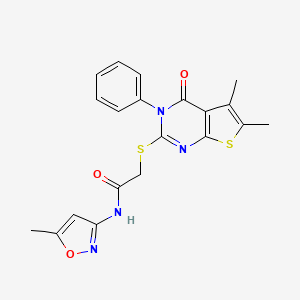 molecular formula C20H18N4O3S2 B2544139 2-((5,6-dimethyl-4-oxo-3-phenyl-3,4-dihydrothieno[2,3-d]pyrimidin-2-yl)thio)-N-(5-methylisoxazol-3-yl)acetamide CAS No. 496027-75-9