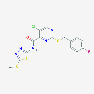 molecular formula C15H11ClFN5OS3 B254428 5-chloro-2-[(4-fluorobenzyl)sulfanyl]-N-[5-(methylsulfanyl)-1,3,4-thiadiazol-2-yl]-4-pyrimidinecarboxamide 