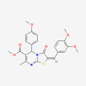 molecular formula C25H24N2O6S B2544366 (E)-methyl 2-(3,4-dimethoxybenzylidene)-5-(4-methoxyphenyl)-7-methyl-3-oxo-3,5-dihydro-2H-thiazolo[3,2-a]pyrimidine-6-carboxylate CAS No. 300721-97-5