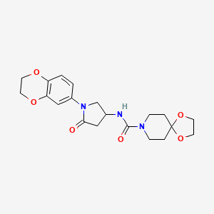 molecular formula C20H25N3O6 B2544560 N-(1-(2,3-dihydrobenzo[b][1,4]dioxin-6-yl)-5-oxopyrrolidin-3-yl)-1,4-dioxa-8-azaspiro[4.5]decane-8-carboxamide CAS No. 894035-40-6