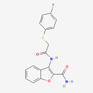 molecular formula C17H13FN2O3S B2544584 3-(2-((4-Fluorophenyl)thio)acetamido)benzofuran-2-carboxamide CAS No. 896345-91-8