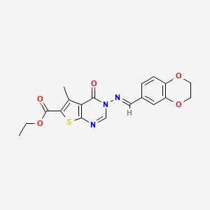 molecular formula C19H17N3O5S B2544585 （E）-3-（（（2,3-二氢苯并[b] [1,4]二氧杂环-6-基）亚甲基）氨基）-5-甲基-4-氧代-3,4-二氢噻吩并[2,3-d]嘧啶-6-羧酸乙酯 CAS No. 363600-14-0