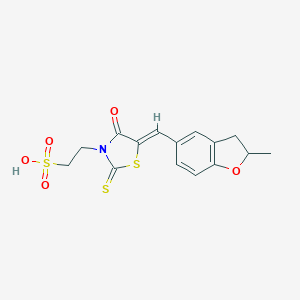 molecular formula C15H15NO5S3 B254463 2-{5-[(2-Methyl-2,3-dihydro-1-benzofuran-5-yl)methylene]-4-oxo-2-thioxo-1,3-thiazolidin-3-yl}ethanesulfonic acid 