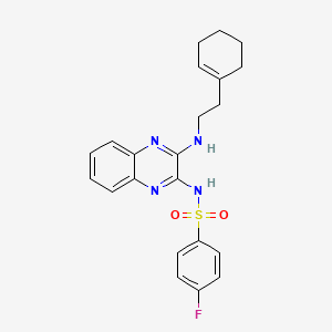 molecular formula C22H23FN4O2S B2544695 N-[3-[2-(cyclohexen-1-yl)ethylamino]quinoxalin-2-yl]-4-fluorobenzenesulfonamide CAS No. 573693-94-4