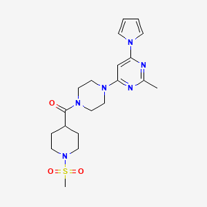 molecular formula C20H28N6O3S B2544710 (4-(2-methyl-6-(1H-pyrrol-1-yl)pyrimidin-4-yl)piperazin-1-yl)(1-(methylsulfonyl)piperidin-4-yl)methanone CAS No. 1428374-55-3