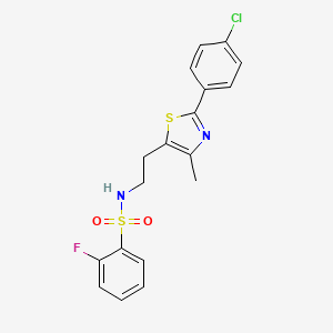 molecular formula C18H16ClFN2O2S2 B2544729 N-{2-[2-(4-クロロフェニル)-4-メチル-1,3-チアゾール-5-イル]エチル}-2-フルオロベンゼン-1-スルホンアミド CAS No. 894007-70-6