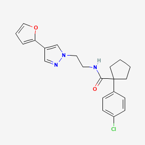 molecular formula C21H22ClN3O2 B2544747 1-(4-chlorophenyl)-N-(2-(4-(furan-2-yl)-1H-pyrazol-1-yl)ethyl)cyclopentanecarboxamide CAS No. 2034352-14-0