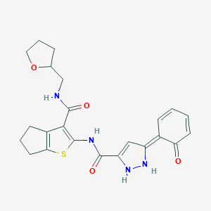(5Z)-5-(6-oxocyclohexa-2,4-dien-1-ylidene)-N-[3-(oxolan-2-ylmethylcarbamoyl)-5,6-dihydro-4H-cyclopenta[b]thiophen-2-yl]-1,2-dihydropyrazole-3-carboxamide