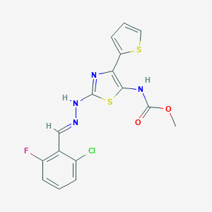 molecular formula C16H12ClFN4O2S2 B254481 Methyl 2-[2-(2-chloro-6-fluorobenzylidene)hydrazino]-4-(2-thienyl)-1,3-thiazol-5-ylcarbamate 
