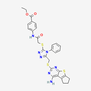 molecular formula C29H27N7O3S3 B2544890 Ethyl 4-(2-{5-[(4-amino(5,6,7-trihydrocyclopenta[1,2-d]pyrimidino[4,5-b]thioph en-2-ylthio))methyl]-4-phenyl-1,2,4-triazol-3-ylthio}acetylamino)benzoate CAS No. 647819-59-8